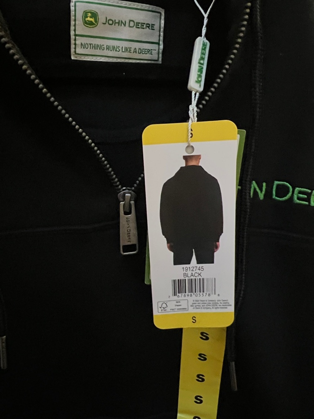 John Deere Black Hoodie with Green Logo and Yellow Tag, Adult S NWT - Picture 6 of 9